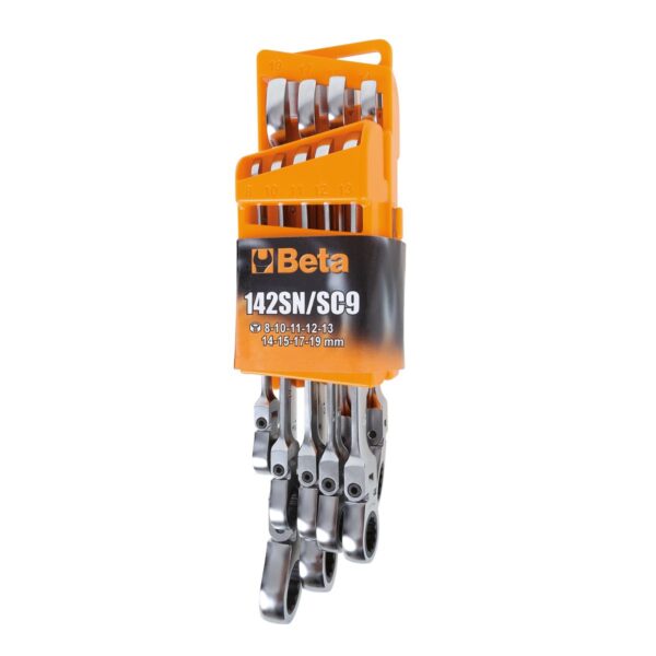 Komplet 9 kluczy płasko-oczkowych z mechanizmem zapadkowym, z przegubem (model 142SN), w kompaktowym uchwycie Beta - 142SN/SC9