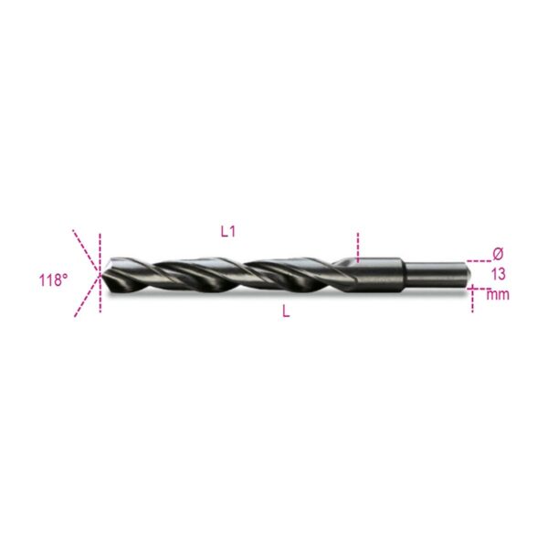 Wiertła kręte cylindryczne krótkie, średnica chwytu zmniejszona do 13 mm, walcowane, czernione, HSS Beta - 410A 13,50