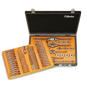 Zestaw gwintowników modele 430, 433 i narzynek modele 440, 440A, 441, 441A ze stali chromowej, z akcesoriami w pudełku drewnianym Beta - 446/C110