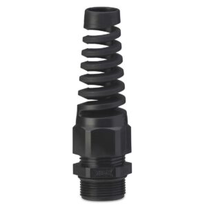 Dławik kablowy IP68 ze spiralną osłoną przewodu, gwint PG 9, czarny RAL 9005, z uszczelką, zakres przewodów śr4-8 mm, opakowanie 25 sztuk